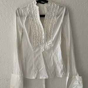 White Ruffle Button Down Blouse with Cuffs BCBG